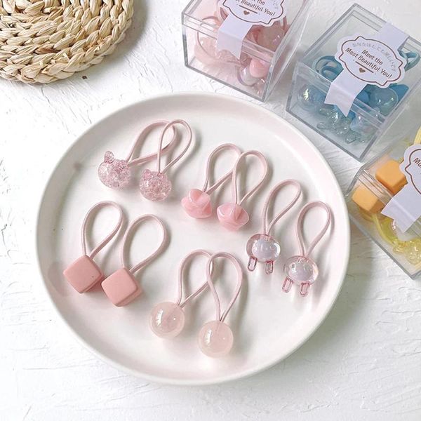 Accesorios para el cabello 10 unids / set Color sólido Pink Star Bear Pequeña banda elástica alta para niñas Niños Lindo Kawaii Simple Lazos de goma Regalo