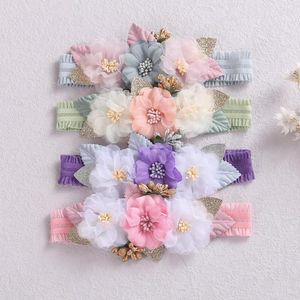 Haaraccessoires 12 stc/lot Pastel Color Born Pearl Flower Headbands Baby Artificial Vintage Elastic Hairbands Kid Girls