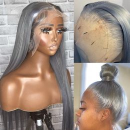 Accessoires de cheveux 13x4 Silver Silver Grey Human Hair Wigs for Women Grey Transparent en dentelle HD Perruque frontale Wig Synthétique colorée sans gluée préparée