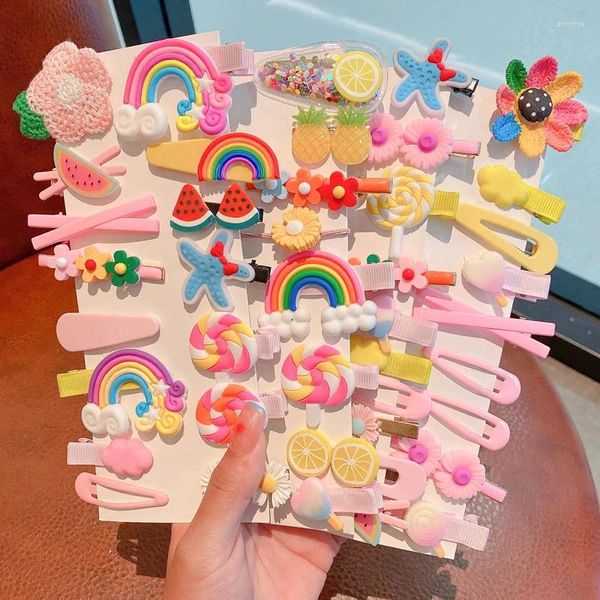 Accesorios para el cabello 14 PCS Un conjunto Niñas Lindo Dibujos animados Dulce Clip Rainbow Fruit Bands Lovely Headwear Horquillas