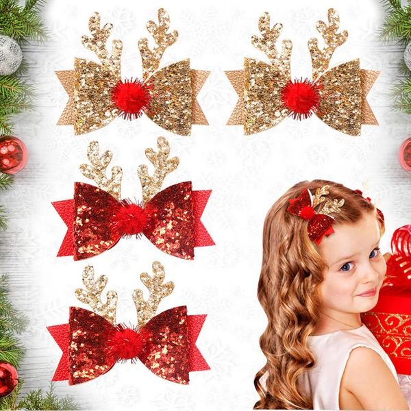 Accesorios para el cabello 1 pieza para niños Navidad ciervo cuerno sombrero Clip tesoro de las mujeres brillante rosa brillo borde bola alce arco sombreros