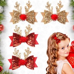 Accessoires de cheveux 1pc Sequin solide pour enfants Christmas Antler en épingle à cheveux Elk Bow Headpice Boutique