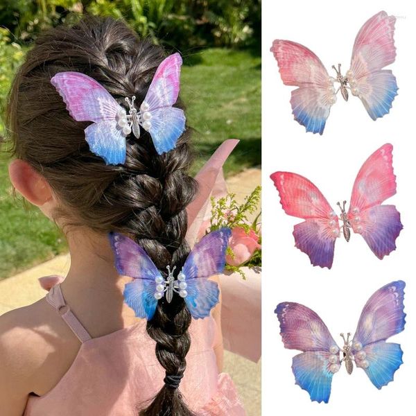 Accesorios para el cabello 1 Uds. Alas móviles mariposa horquilla gasa Color degradado horquilla perla grande Clipd Diy dulce sombreros para niños