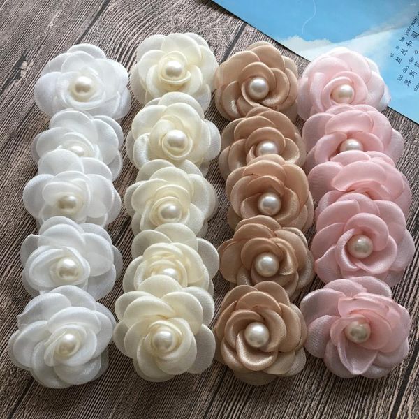 Accessoires pour cheveux 2,0 pouces fleurs en tissu brûlé solide avec perle dos plat enfants bricolage organza rosette pour chapeaux chaussures vêtement