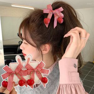 Accessoires pour cheveux 2/3pcs / Set Bow Double Tissu Rouge Cherry Clip Sweet Fairy Plaid Coiffe Carte Épingles à cheveux