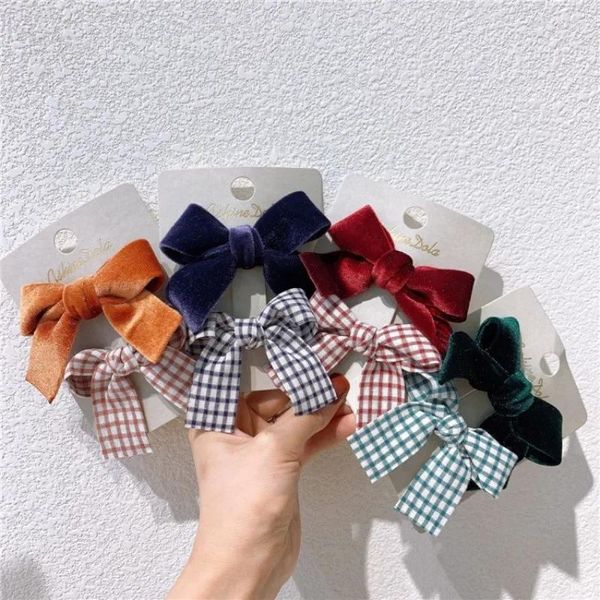 Accessoires pour cheveux 2 pièces Sweet Girl Tissu Plaid Bow Épingles à cheveux Chapeaux Mode Simple Velvet Clip pour enfants