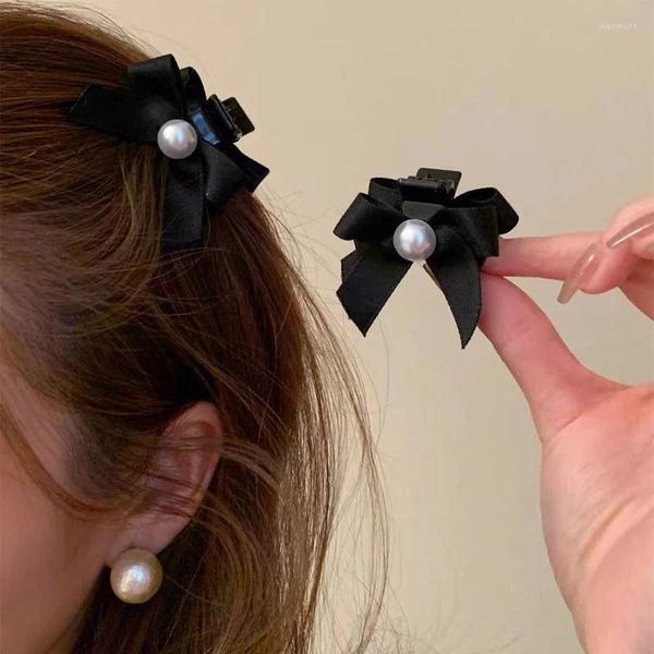 Accesorios para el cabello, conjunto de 2 piezas, Clips con lazo negro para niñas, pasadores con temperamento, perlas de imitación, pequeños alfileres de garra de cangrejo para niños