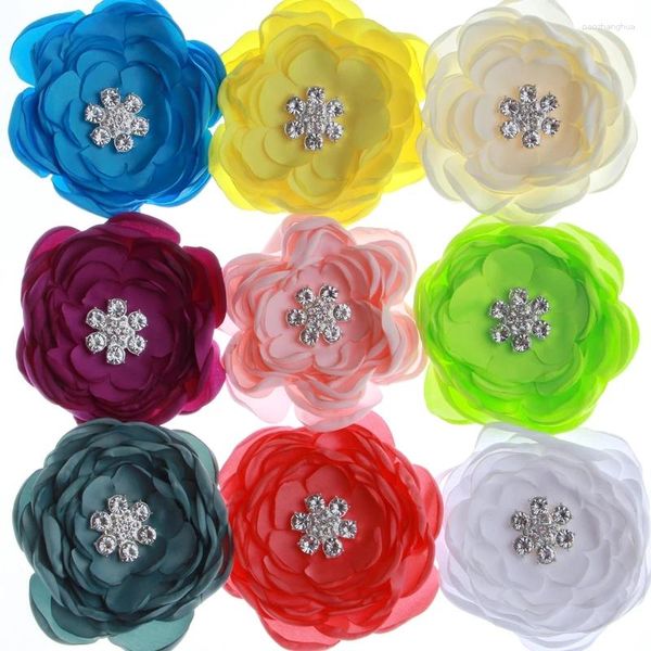 Accesorios para el cabello 200 Uds. Flores de satén de tela suave de 9,5 CM con adorno de diamantes de imitación para diademas, ropa de flores quemadas de gasa