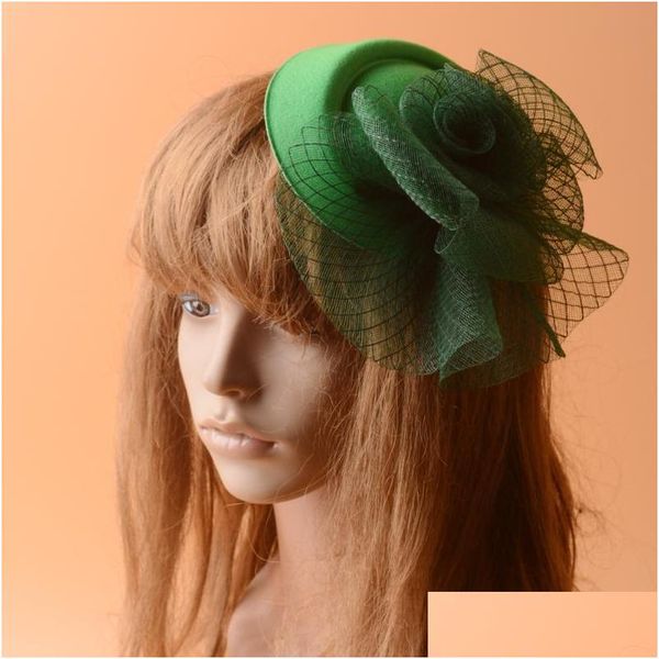 Accessoires pour cheveux 2021 fait à la main vert maille mariage Fascinator chapeaux haut-de-forme Floral Net Clips pour les femmes église fête course de chevaux goutte livrer Dhodr