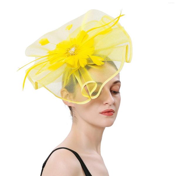 Accessoires de cheveux 2023 Mode Mesh Fascinators Chapeau Femmes Mariage Cocktail Tea Party Solide Fleur Plume Fascinator Chapeaux Clip