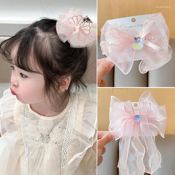 Accesorios para el cabello 2024 Est Girls Cute Pink Crown Bowknot Adorno Clips Niños Gasa Lentejuela Cinta Horquillas Niños Dulce