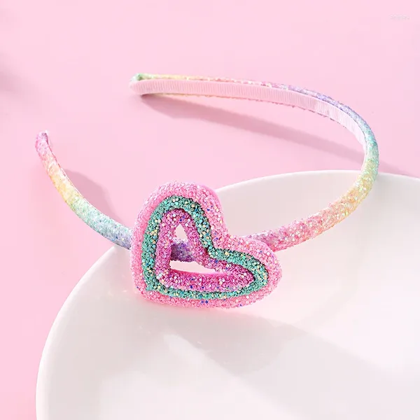 Accesorios para el cabello 2024, aro de corazón arcoíris degradado para niñas, diademas dulces de princesa, diadema con purpurina para niños