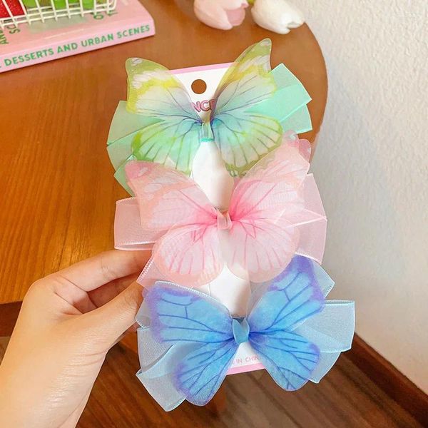 Accesorios para el cabello para niña y niño, horquilla de hada Kawaii con bordado de malla, lazo a rayas, Clips de mariposa, moda de verano 2024