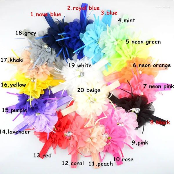 Accessoires pour cheveux 20 pcs/lot 20 couleur U Pick 4.3 pouces grande fleur en tissu en mousseline de soie avec des bandeaux FOE extensibles chatoyants filles cadeau de douche FDA221