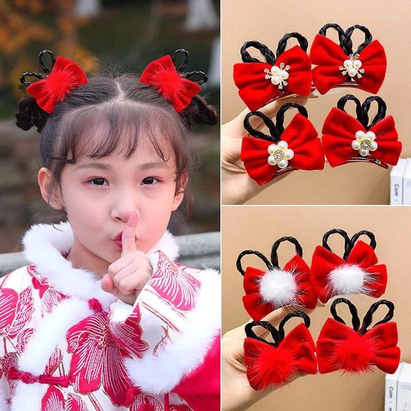 Accessoires pour cheveux, 2 pièces, Style chinois, nœud rouge, épingles à cheveux mignonnes pour enfants, couvre-chef doux pour filles, Barrettes, pinces à cheveux