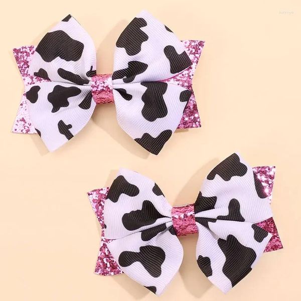 Accessoires de cheveux 2pcs Ribbon Cow Printing Bows With Clips Shinning Bowknot Hairpin Girls Hairgrip Kids Headswear