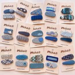 Haaraccessoires 2 STUKS Set Herfst Winter Denim Blauw Doek Hart Geborduurde Bloem Gestreepte Ovale Snap Clips Voor Meisje Leuke Fee Zoete haarspeld