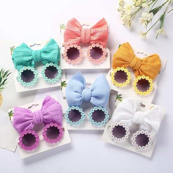 Accessoires pour cheveux 2 pièces/ensemble, ensemble de lunettes de soleil pour bébé, bandeau, jouet de dessin animé, fleur de soleil, lunettes pare-soleil, couleur unie, bandeau creux