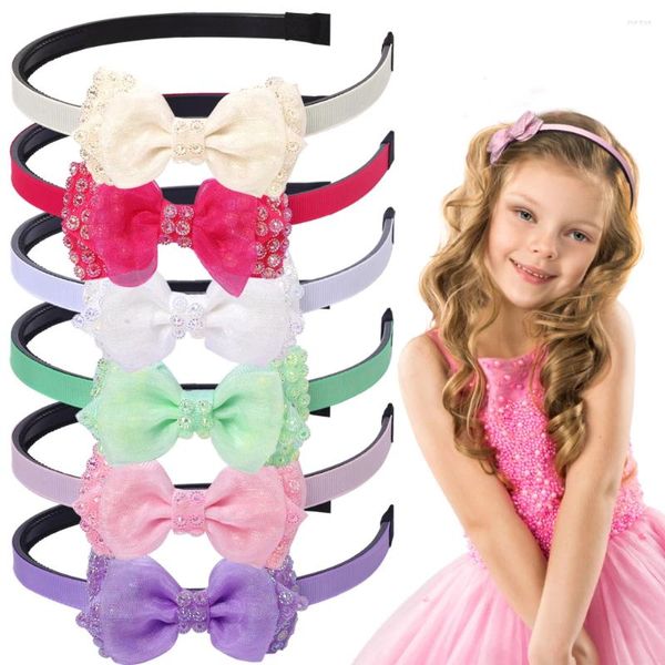 Accessoires pour cheveux 2 pièces/ensemble ruban en maille, nœuds faits à la main pour filles, bandeau avec double diamant, enfants mignons