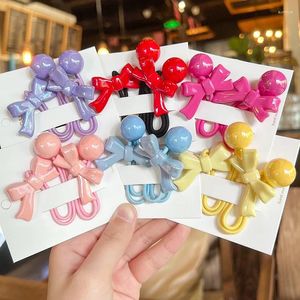 Accessoires pour cheveux 2pcs / set couleur bonbon solide noeud noeud boule ronde longue bande élastique fille enfants mignon simple tresse douce queue de cheval cravates en caoutchouc