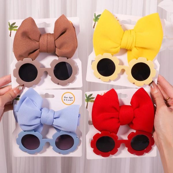 Accessoires pour cheveux 2 pièces/ensemble, bandeau à nœud imprimé fleur mignon pour enfants garçons, lunettes de soleil, couleur unie, couvre-chef