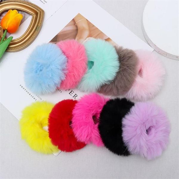 Accesorios para el cabello 2 uds mujeres niñas invierno piel Scrunchies Pom Tie Fuzzy bandas elásticas soportes de cola de caballo 221m