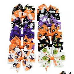 Haaraccessoires 3 inch Baby Halloween Grosgrain Ribbon Bows With Clip Girls Kids Ghost Pumpkin Girl Pinwheel Clips Pin Drop Lever Dhecu