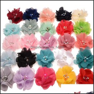 Haaraccessoires 33Colors Chiffon Flowers With Pearl Rhinestone Centre Artificial Flower Fabric Children Baby Bandbanden Drop levering Dhhxu