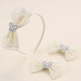 Accessoires de cheveux 3pcs dentelle arc bandeau doux perle papillon bandeaux pour enfants broderie fleur strass clips barrettes bande