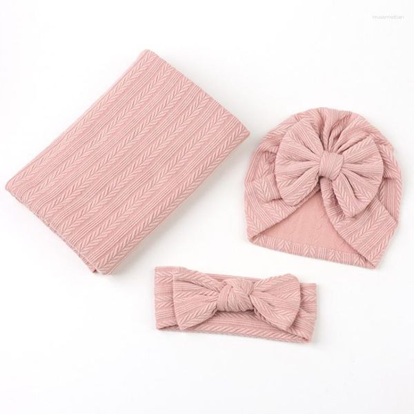 Accessoires pour cheveux 3 pièces/lot, couverture d'emmaillotage pour bébé fille, ensemble de chapeaux avec nœud papillon élastique, cadeaux de douche pour naissance