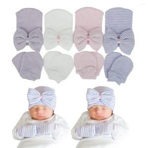 Haaraccessoires 3 stks/partij geboren babymutsje en wantenset gebreide muts met grote strik zachte schattige knoop kindermuts