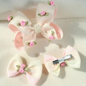 Accessoires de cheveux 3pcs Ribbon Bowknot Clips Girls Silk Rose Flower Hairpins Boutique Corée Kids Barrets Headswear
