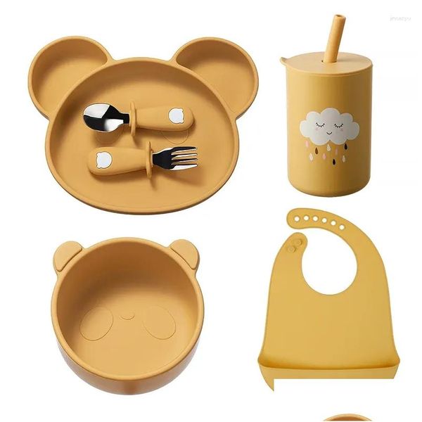 Accessoires pour cheveux 4/5/6 pièces bols pour bébé assiettes cuillères Sile aspiration alimentation alimentaire vaisselle Bpa plats antidérapants bol Panda livraison directe Ki Ottdo