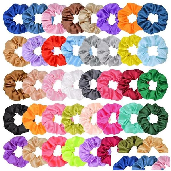 Accessoires De Cheveux 40 Couleurs Bande De Satin Chouchous Filles Titulaire De La Queue De Cheval Cravate Anneau De Mode Extensible Corde Élastique Cadeaux De Noël Drop Delive Dhglk