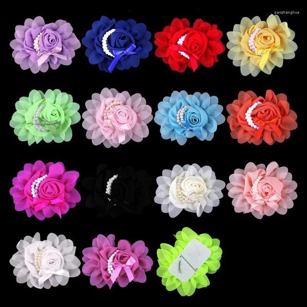 Accesorios para el cabello 5 unids/lote 14 colores pez dorado artificial Bowknot gasa rodada flor de roseta con perlas flores de tela sólida para niños