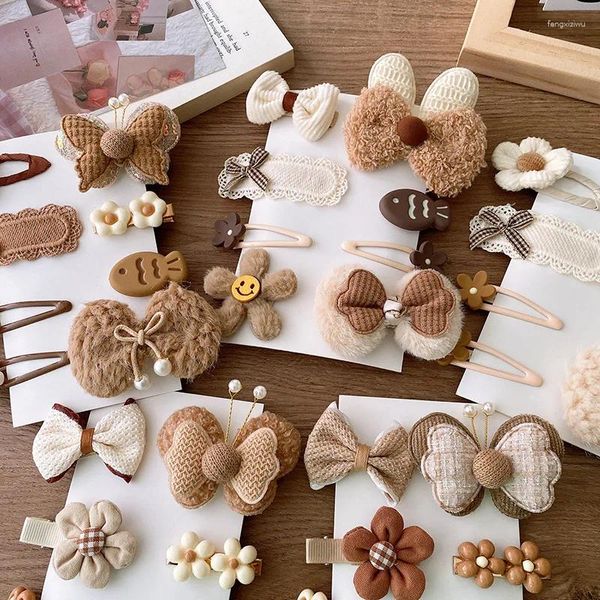 Accessoires pour cheveux 8PC Café Couleur chaude Basic Snap Baby Drop Clips Laine Knit Pince Pins Dessin animé Poisson Épingle à cheveux Kid Girl Flower BB Barrette