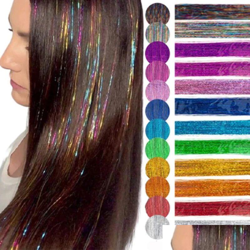 Haaraccessoires 90 cm Sparkle Tinsel Rainbow Colorf STRANDS Girls Hoofdkleding Haarbering Laser False Extensions Decor Glitter Strips Dro Dhorw