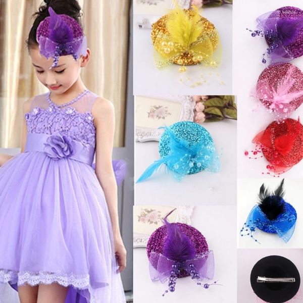 Accessoires pour cheveux Adulte Enfants Tea Party Fascinator Chapeau Épingle à cheveux Glitter Mesh Plume Bowknot Mini Cocktail Barrette Clips Costume d'Halloween