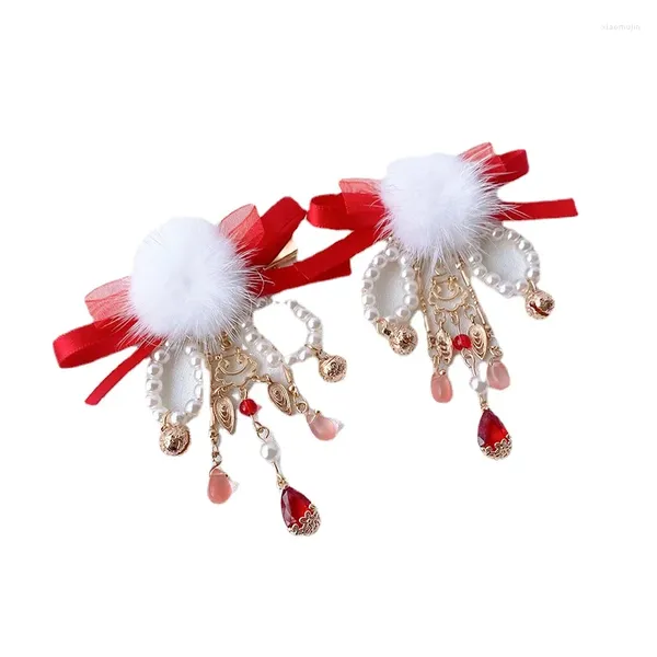 Accesorios para el cabello Clips de año antiguo Hanfu Headwear Linda bola cinta borlas par de niños Clip