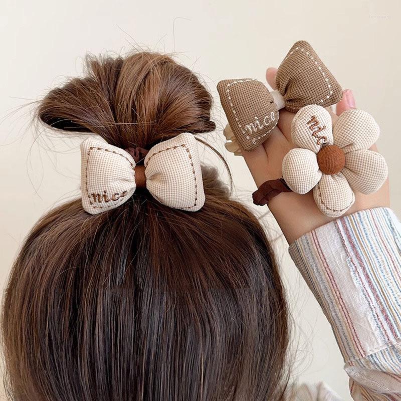 Hair Accessories Autumn Milk Coffee Color Letter Nice Cloth Bow Flower High Elastic Band For Girl Cute Durable Bun Ponytail Rubber Ties Gift