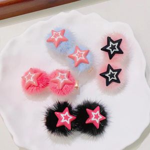 Haaraccessoires Herfst Winter Effen Kleur Pluche Ronde Bal Gestreepte Ster Pentagram Clips Voor Meisje Kinderen Leuke Kawaii Fee Cool zoete Haarspeld