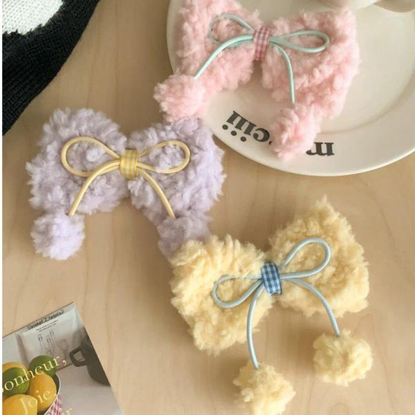 Accessoires de cheveux Automne Hiver Doux Doux Peluche Coton Couleur Bow Boule Ronde Grands Clips Pour Fille Femme Mignon Fée Rose Épingle À Cheveux Fête De La Mode