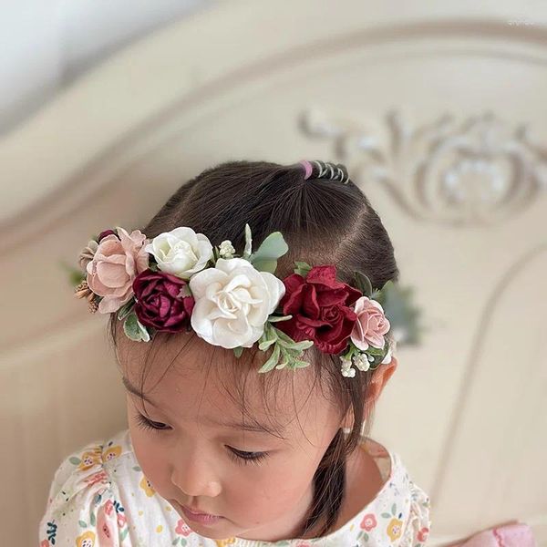 Accesorios para el cabello Corona de flores rosa rubor burdeos marfil para niña