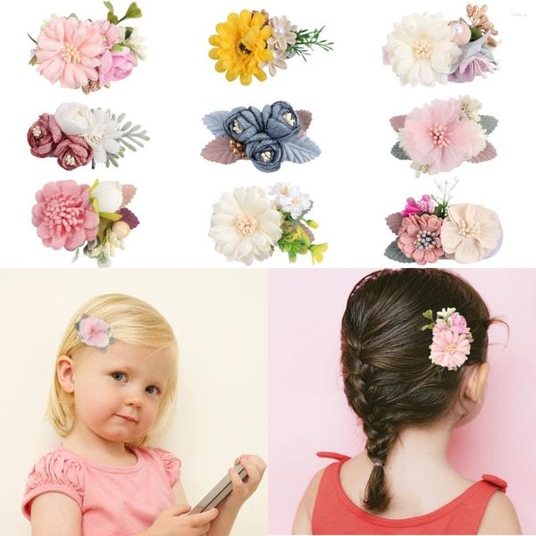 Accesorios para el cabello Baby Girl Pearl Clips florales Flor de gasa artificial Pines Princesa Hairgrip para niños pequeños