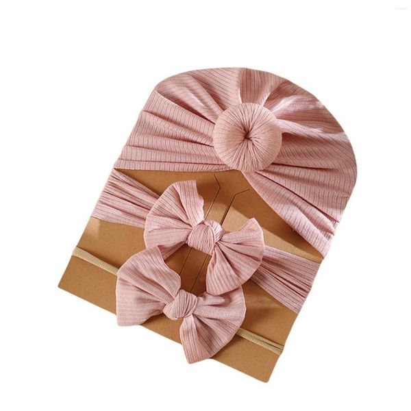 Accesorios para el cabello Baby Girl Turban Hat Diademas 3 piezas Set Color sólido 3D Bowknot Hairbands Elástico Suave Headwear