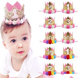 Accesorios para el cabello Baby Girls Flower Crown Diademas Fiesta de cumpleaños Tiara Hairbands Kids Princess Glitter Sparkle Diadema linda para Dhtl3