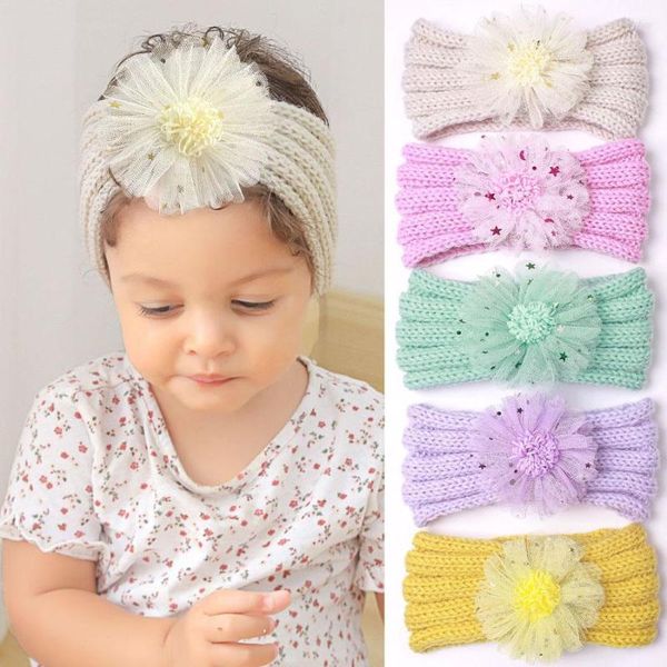 Accessoires de cheveux Bébé Filles Tricoter des bandeaux pour enfants Vêtements Automne Hiver Chaud Mignon Fleur Bandes Pographie Accessoires Beige Noir