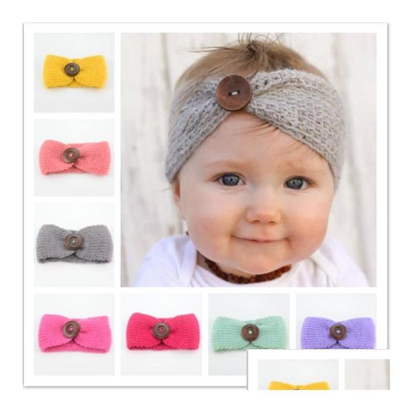 Accessoires de cheveux Bébé Filles Laine Crochet Bandeau Tricoter Bandeau Avec Bouton Décor Hiver Nouveau-Né Bébé Oreille Tête Headwrap 14 Dhzzv