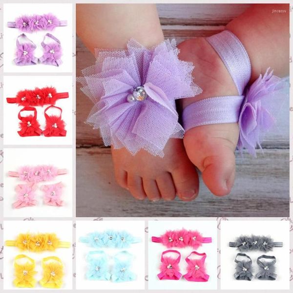 Accessoires de cheveux bébé bandeau pieds nus sandale ensembles dentelle fleur bandeaux filles chaussures enfants pour la photographie 18 couleurs au détail