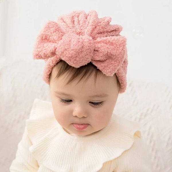 Accesorios para el cabello turbante con nudo para bebé, diadema con lazo de lana de cordero de imitación, gorro para bebé, gorro grueso de invierno para niña JFNY267